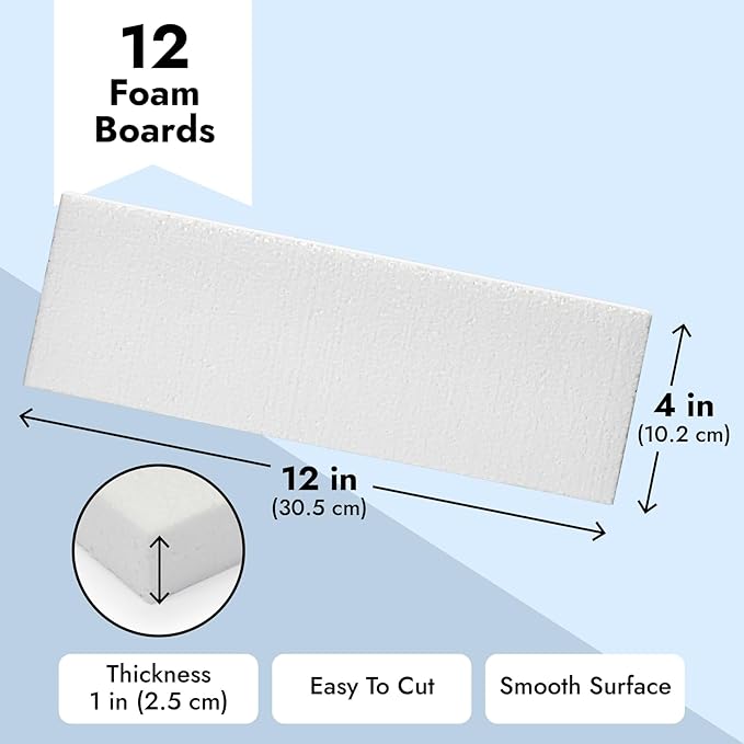 Juvale Foam Rectangle Blocks for Crafts - 12 in x 4 in x 1 in, White, 12 Pack - Cuttable & Paintable for Diorama Foam Boards & Sheets, Model Making & School Projects