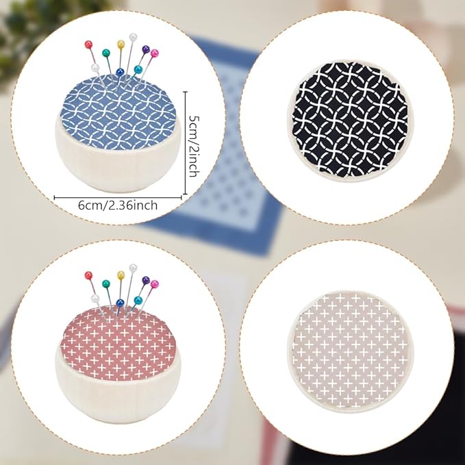 ACRNIGHEET 4 Set Sashiko Pin Cushion Bowls Making Kits, Embroidery Pin Cushion for Sewing, Sewing Pins Cushion, Wooden Base Japanese Traditional Style Sewing Needle Holder, DIY Crafts Home Use