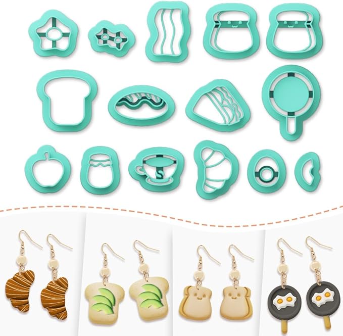 ACRNIGHEET Polymer Clay Cutters - 15 Shapes Food Breakfast Bread Theme Polymer Clay Cutters for Jewelry, Cute Earring Making Kit with Storage Box