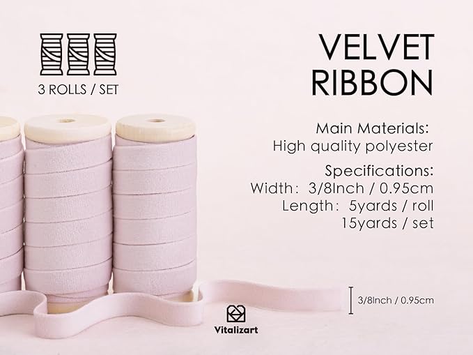Vitalizart Pink Velvet Ribbon Set 3/8" x 15 Yd Wooden Spool Fabric Trim 3 Rolls * 5 Yd for Christmas Wreath Decoration Handmade Craft Ornaments Gift Wrapping & Bow Making