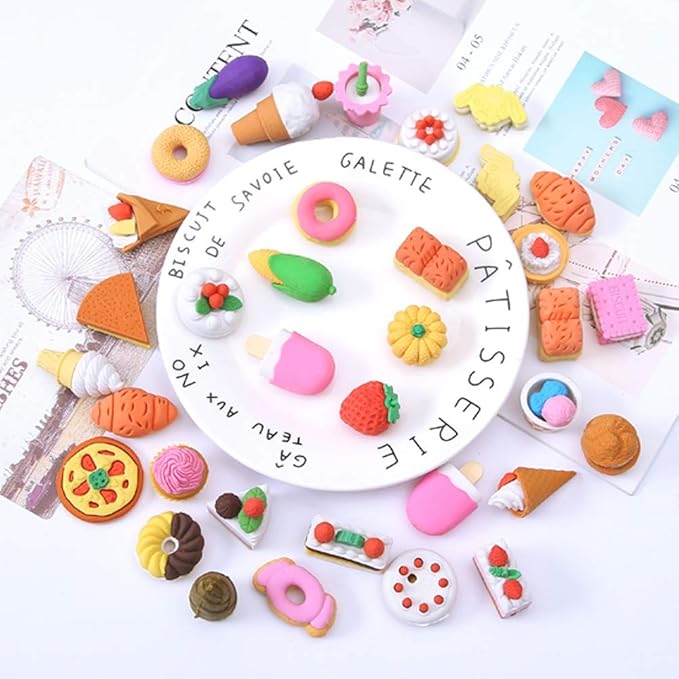 72 Pcs Assorted Food Pencil Erasers Toy Set, Cake Dessert Fruit Puzzle Erasers Toys for Kids Reward Party Favors (Food)