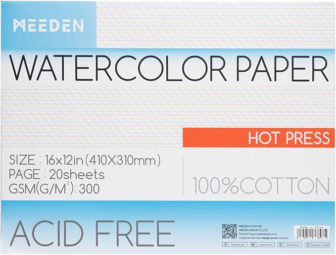 MEEDEN Watercolor Paper Block - 100% Cotton Watercolor Paper Pad of 20 Sheets, 140lb/300gsm, Acid-Free Art Paper for Watercolor, Gouache, Ink and More, 16" x 12" Hot Press