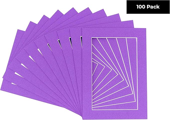 5x7 Mat for 8.5x11 Frame - Precut Mat Board Acid-Free Show Kit with Backing Board, and Clear Bags Purple 5x7 Photo Matte Made to Fit a 8.5x11 Picture Frame Matboard for Framing, Pack of 100 Mats