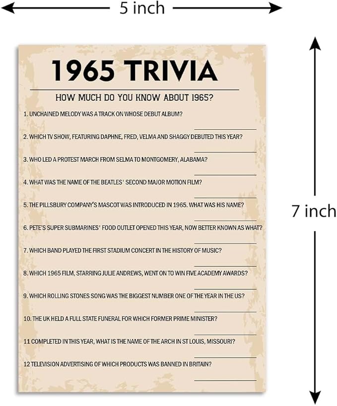 QUPT 60th Birthday Party Games, 1965 Trivia Games, Birthday Party Supplies for Adults, Fun 1965s Party Game，Pack of 30 Cards