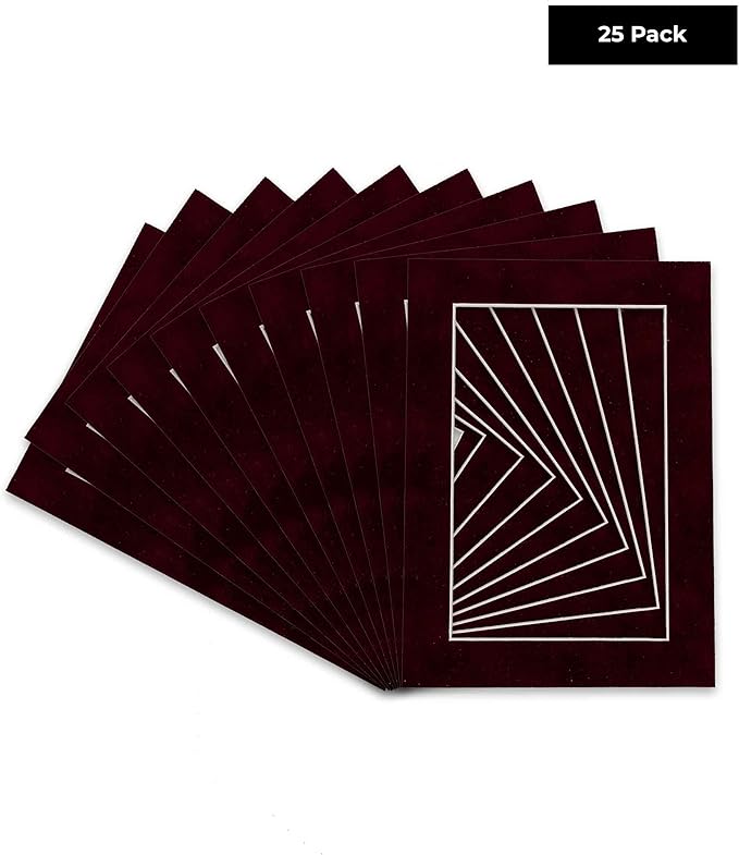 Pack of 25 Acid Free 8.5x11 Mats Bevel Cut for 7x9 Photos - Dark Red Suede Precut Matboards With Backing Boards and Clear Photo Mat Bags For Pictures, Photos, Framing - 4-ply Thickness
