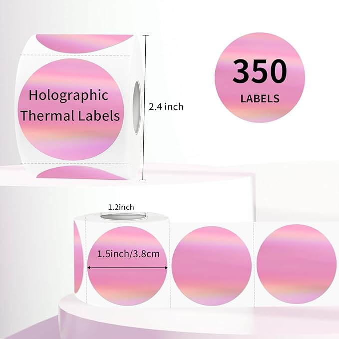 Holographic Thermal Labels Stickers 1.5 inch, Glitter Round Direct Thermal Stickers Label, Perforation Line Design- 350 Sheets/Pink