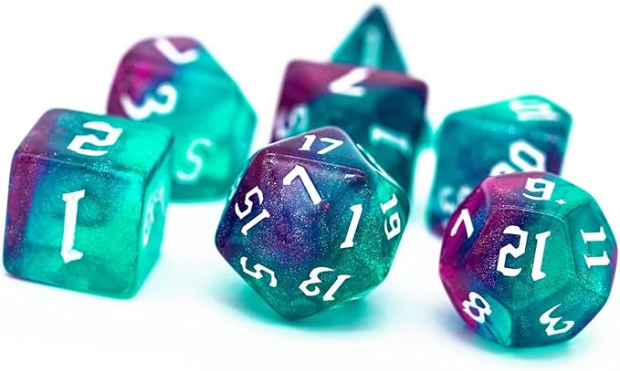 7-Die DND Dice Set Polyhedral Dice Set with a Leather Bag, D&D Dice Set for Dungeons and Dragons, RPG Table Games (Rose Blue w/Glitter)