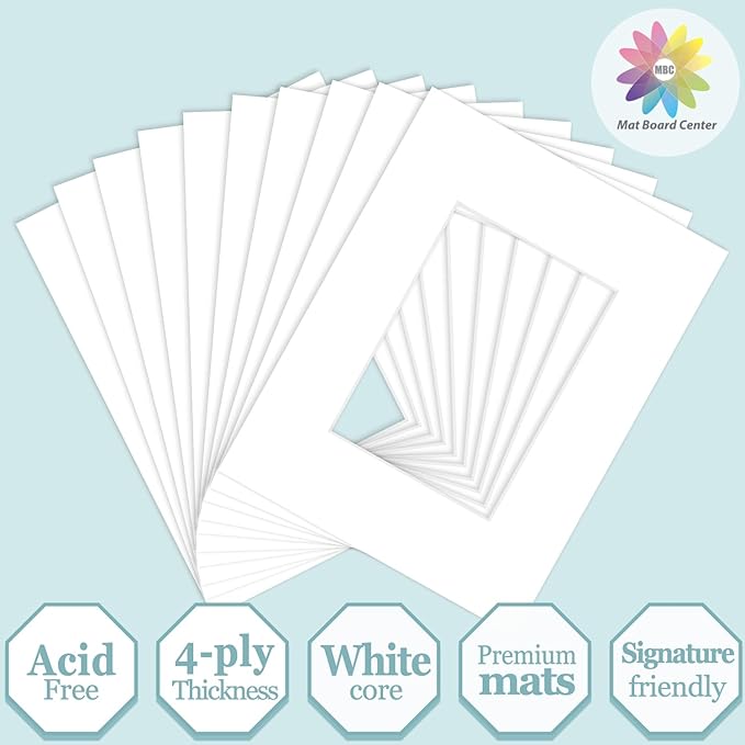 MBC Mat Board Center, 10 Pack 8.5X11 for 5X7 White Picture Mats Frame Mattes, Bevel Cut, Acid Free, 4-Ply Thickness