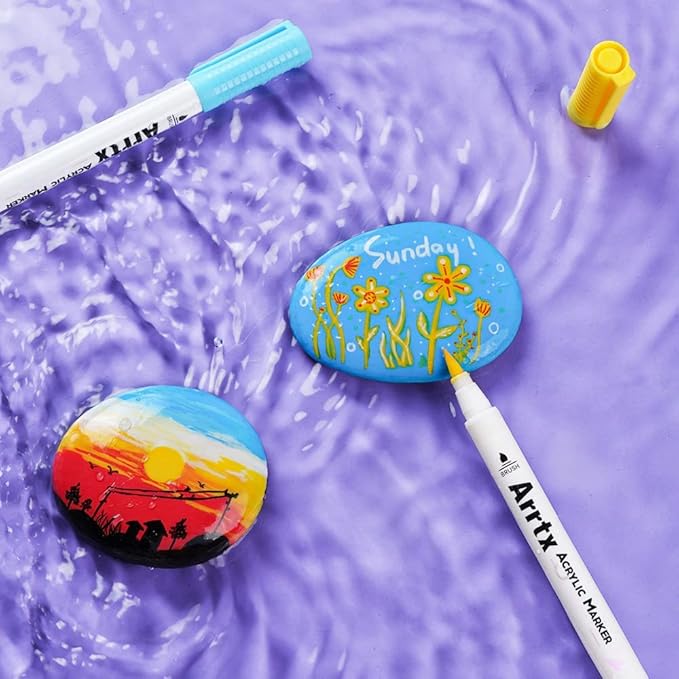 Arrtx 30 Colors Acrylic Paint Pens for Rock Painting, Extra Brush Tip, Water Based Paint Markers for Stone, Glass, Easter Egg, Wood and Fabric Painting-No Toxic,No Odor