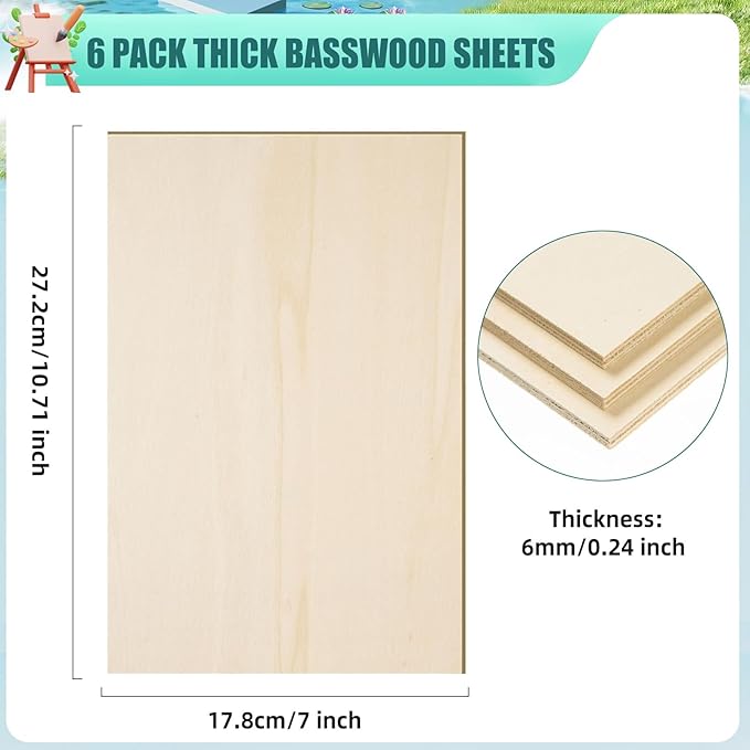 6 Pack 10.7 x 7 x 1/4 Inch-6mm Thick Basswood Sheets for Crafts Unfinished Plywood Sheets Rectangular Wood Panel Boards for DIY Laser Project, Wood Burning, Engraving, Architectural Models, Staining