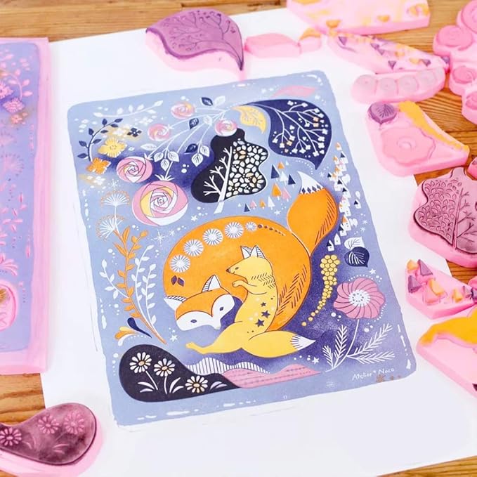 SGHUO 8pcs 4"x6" Rubber Carving Blocks, Soft Linoleum Block for Printmaking, Rectangle Linocut Blocks Stamp Carving Tools, Easy Cut Lino Blocks Crafts Making Kit (Pink)
