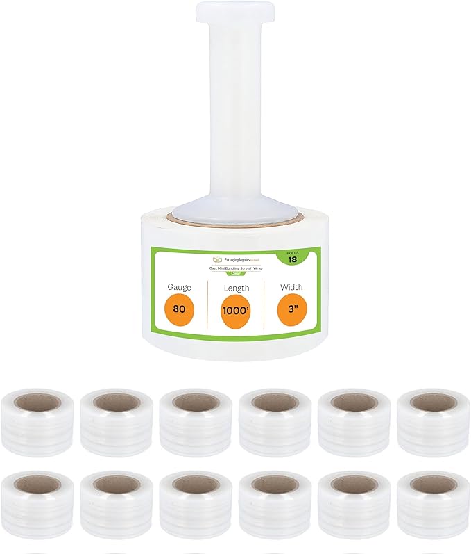PSBM Mini Stretch Wrap with Handle, 18 Pack, 3 Inch x 1000 Feet, 80 Gauge, Clear, Small Plastic Cling Film for Pallets Moving Storing