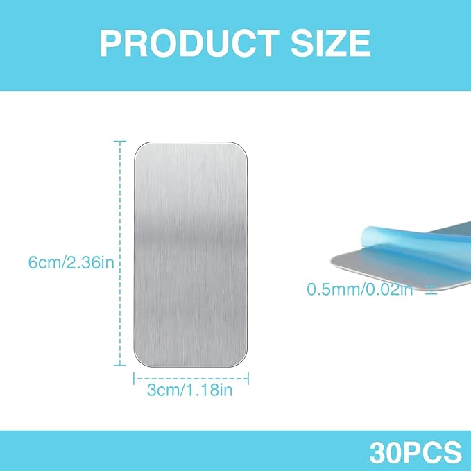 30 Pcs Adhesive Metal Plate for Magnets Mount, 2.36x1.18in Metal Strips for Magnets On Non-Steel Vents, with Adhesive Backing