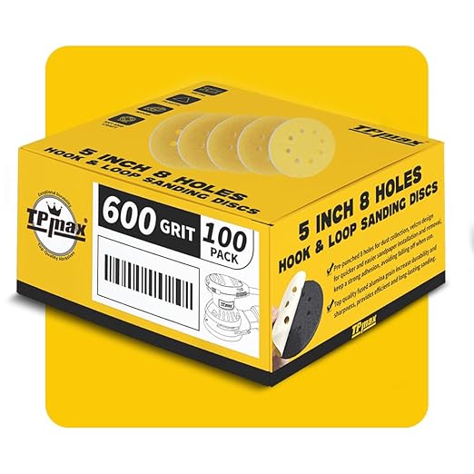 100PCS 5 Inch 600 Grit 125mm 8 Hole Sanding Discs Sandpaper - Premium Gold Round Hook and Loop for Random Orbital Sander - Ideal for Wood, Metal, Automotive