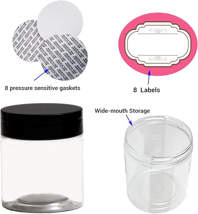 4 oz Plastic Jars with Lids,8 Pack Wide-mouth Clear Storage Containers, Empty Round Clear Plastic Jars with Lids and labels for Body Butter, Bath Salt, Slime and Beauty Products