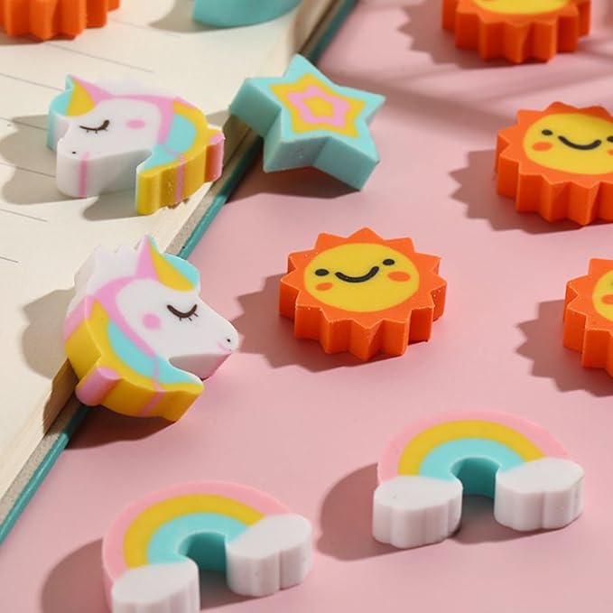 Wolpoark Christmas Unicorn Erasers for Kids 48pcs Bulk Rainbow Moon Star Cute Novelty Pencil Erasers for Thanksgiving Girls Student Ofiice Back to School Supplies Classroom Prizes Party Favors