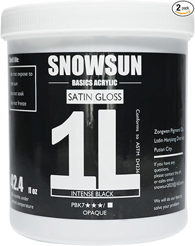 SNOWSUN Charcoal Black Acrylic Paint, 2 Pack 1 L /42.4 oz Large Bulk Acrylic Paints, Gloss Non-Toxic Heavy Body Paints - Thick Art Paints for Multi-Surface Canvas Wood Ceramic Fabric Wall- Ideal for Artists & Beginners