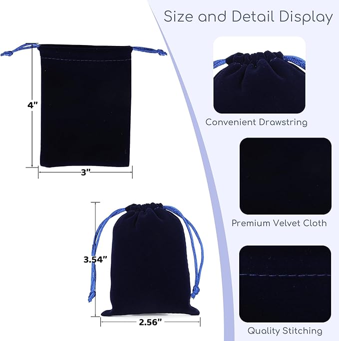 Velvet Drawstring Jewelry Bag, 50Pcs Blue Coin Pouch, 3x4 Dice Bag, for Small Jewelry, Wrapping Halloween Party Favors, Small Bussiness, Pendents, Bracelet, Customers