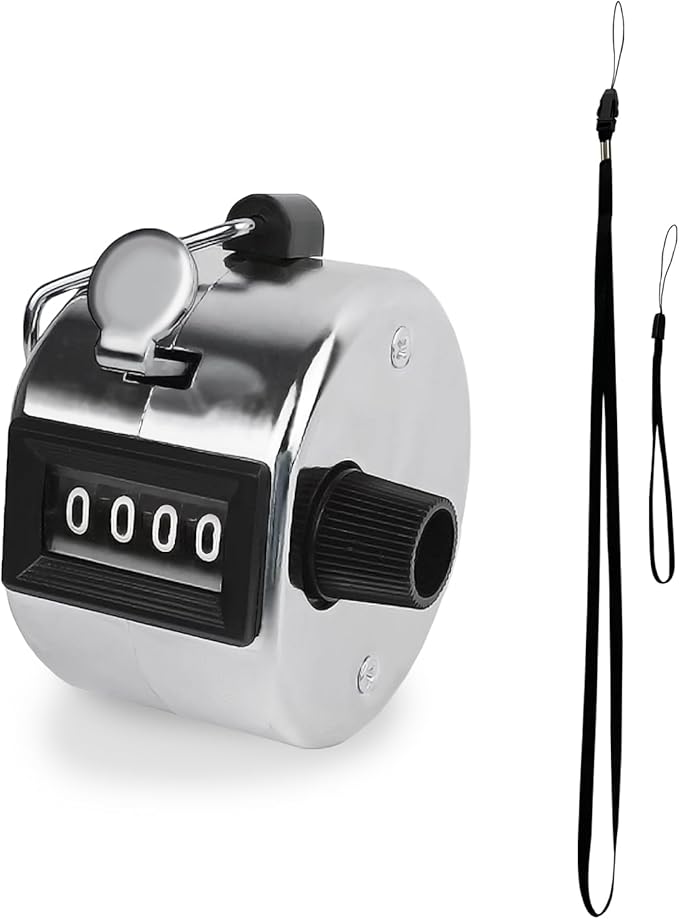 GDMINLO Metal Hand Tally Clicker Counter, 4-Digit Number Count Clicker with Metal Case Mechanical Counter for Coaching, Knitting, Lap, Fishing, Golf and Row with 2-Nylon Lanyard,Silver