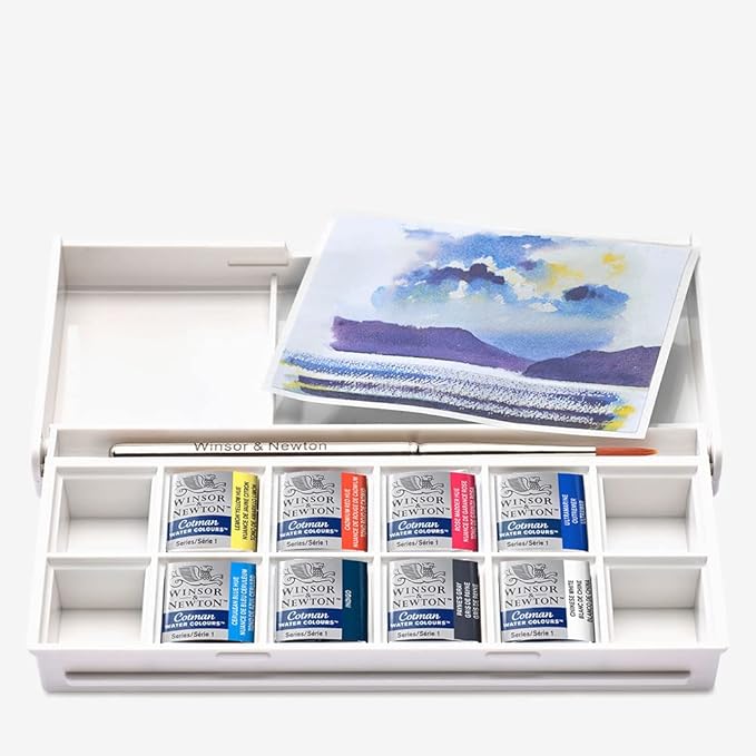 Winsor & Newton Cotman Watercolor Paint Set, 8 Half Pan, Sky Colors w/ Brush