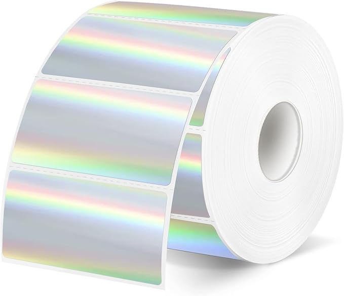 Direct Thermal Label 2x1 Inch- Barcode Labels- Holographic Thermal Sticker Labels for Address, Shipping, Compatible with Rollo Label Printer & MUNBYN& Zebra (300 Labels/Silver)