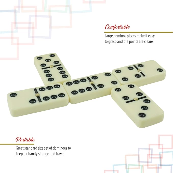 ERLLE - Dominoes Set, Premium Classic 28-Piece Double Six Domino Set with Wooden Case, Family & Kids Board Game, Mexican Train, Chicken Foot, and Classic Domino Games