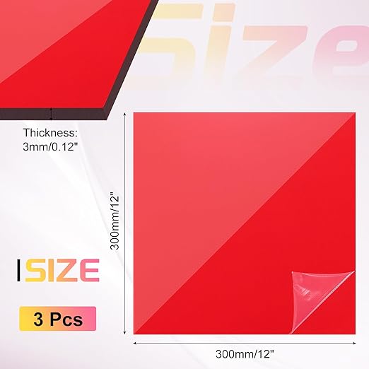 uxcell 3Pcs Acrylic Sheets 12x12 Inch Acrylic Panel 1/8 Inch-3mm Plastic Board for Picture Frames Sign Holders DIY Display Projects Craft, Clear Red