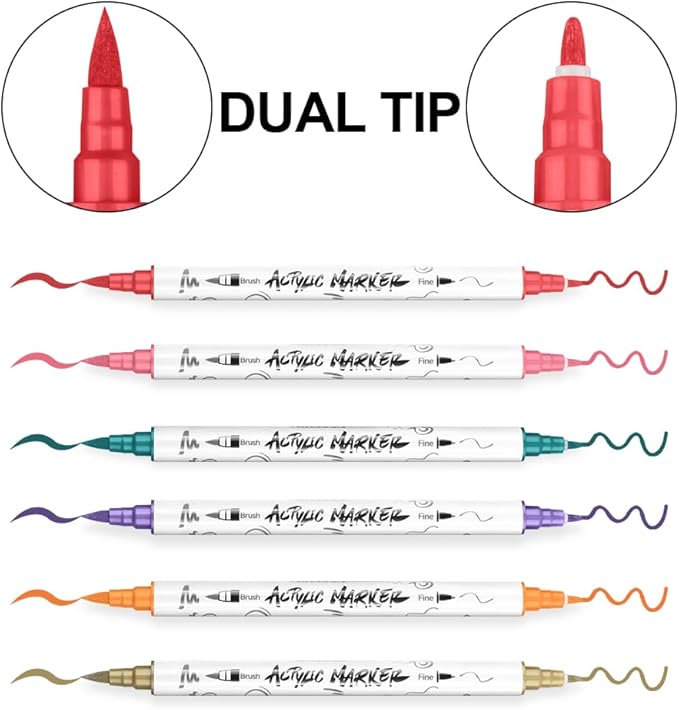 TRANSON 36 Colors Fine and Brush Dual-tip Acrylic Paint Marker Pen Set for Canvas Rock Wood Leather Ceramic DIY Painting