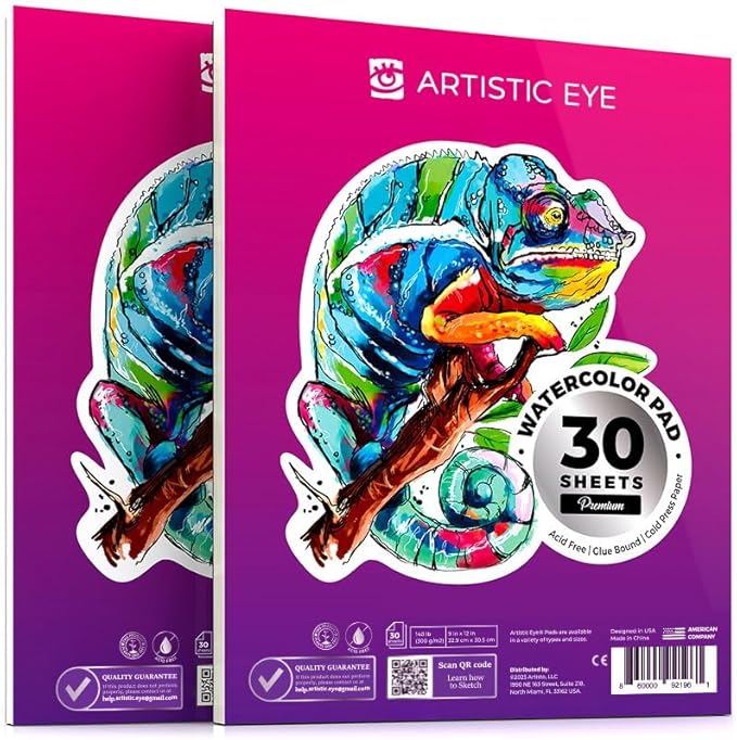 ARTISTIC EYE 9x12” Premium Watercolor Pads, Pack of 2 (60 Sheets), Glue Bound, 140lb (300gsm), Acid-Free Paper, Perfect for Most Wet & Dry Media, Ideal for Beginners, Artists & Professionals