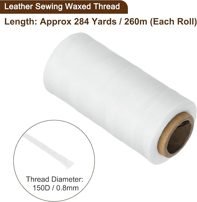 Uxcell 150D 0.8mm Flat Waxed Polyester Leather Sewing Thread, White, 284 Yards (260m), 1 Roll
