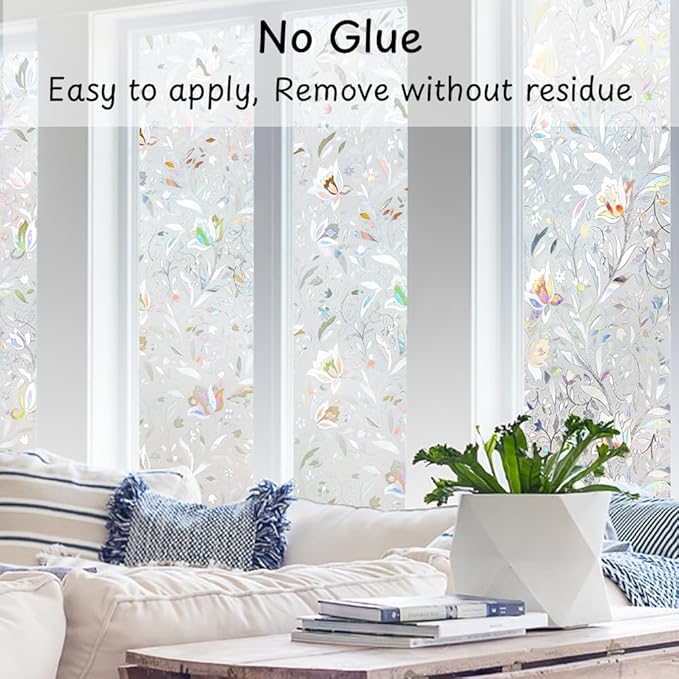 NINETREX Window Privacy Film,3D Stained Glass Window Film,Decorative Window Covering Sun Blocking Vinyl Static Cling Anti-UV Heat Control for Home Decor,Tulip 17.5 x 118.1inch