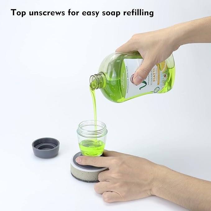Dish Brush with Soap Dispenser, Kitchen Scrub Brush for Dishes Pots Pans Sink Cleaning, Dish Scrubber with Holder Set (Grey 2-Pack Combo Set)
