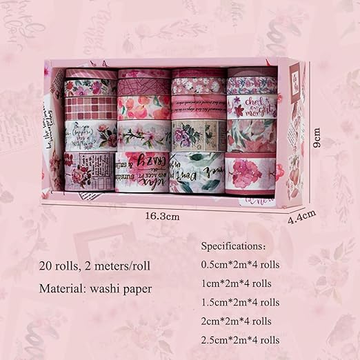 MAFELOE Decorative Vintage Washi Tapes Set 20 Rolls 2 Meters Long, Adhesive Scrapbook Junk Journaling Art Craft Collage Supplies-Forest Dream Series-Pink (WT-M4-SLMJ)