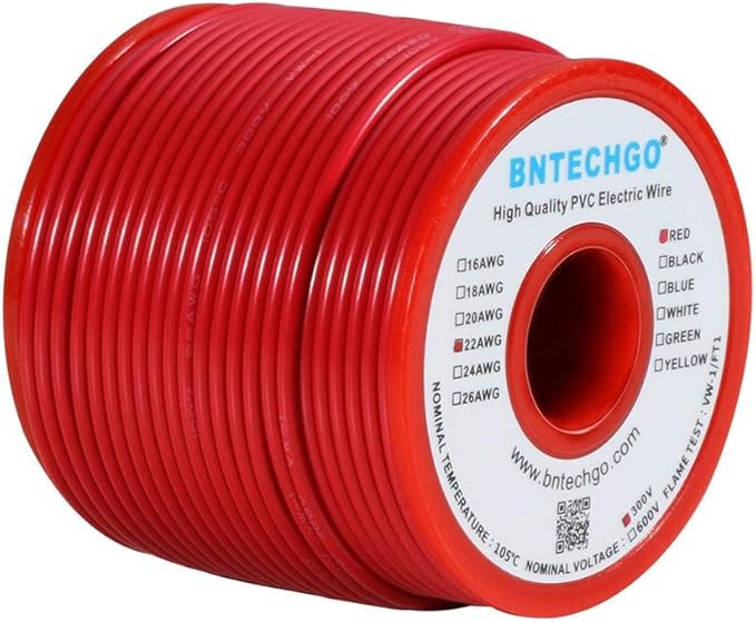 BNTECHGO 22 Gauge PVC 1007 Solid Electric Wire Red 100 ft 22 AWG 1007 Hook Up Tinned Copper Wire