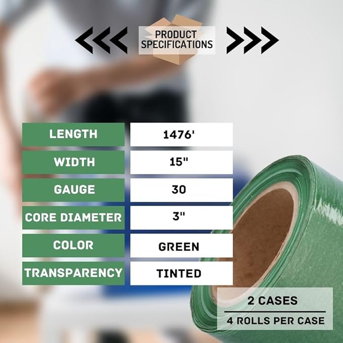 PSBM Green Stretch Wrap, 15 Inch x 1476 Feet, 8 Pack, Tinted Pre-Stretched Shrink Wrap Film for Moving, Packaging, Pallet Wrapping