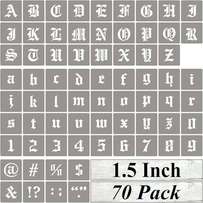 1.5 Inch Alphabet Letter Stencils for Painting - 70 Pack Old English Letter Stencil Templates with Numbers and Signs for Painting on Wood, Reusable Letter Stencils for Chalkboard Wood Signs & Wall Art