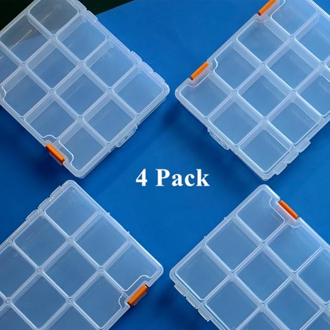 BangQiao 4 Pack 12 Grids Clear Plastic Storage Box with Dividers, Transparent Organizer Container Case for Small Parts, Bead, Button, Jewelry, Diamond, Craft Supplies,Sewing Kit, DIY Accessories