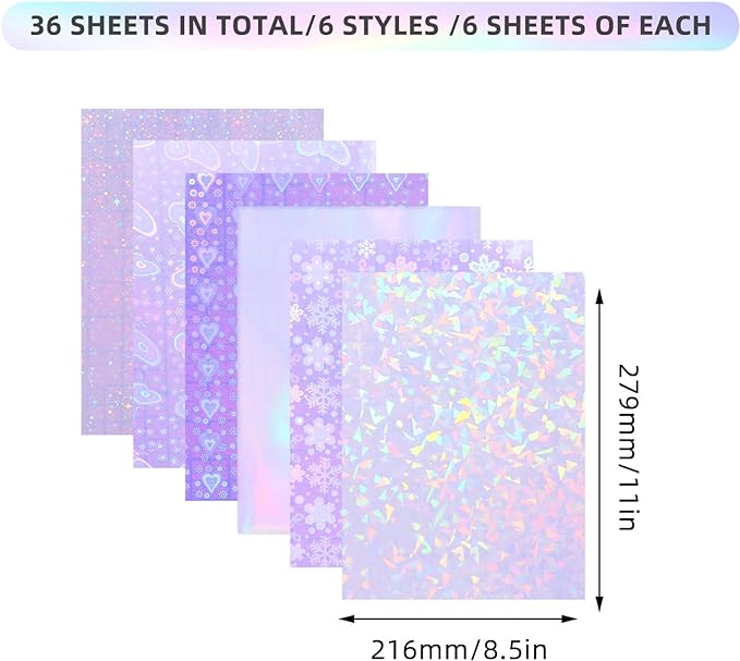 36 Sheets Holographic Sticker Paper, Clear Vinyl Sticker Laminate Film Self-Adhesive, Transparent Overlay Lamination Sticker Paper Waterproof, 6 Patterns-8.5x11 Inch
