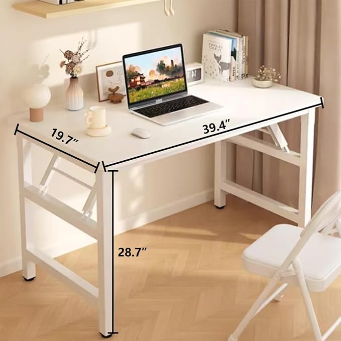 39.4 Inch Foldable Desks for Small Spaces,Foldable Desk No Assembly,Small Table for Bedroom,White.