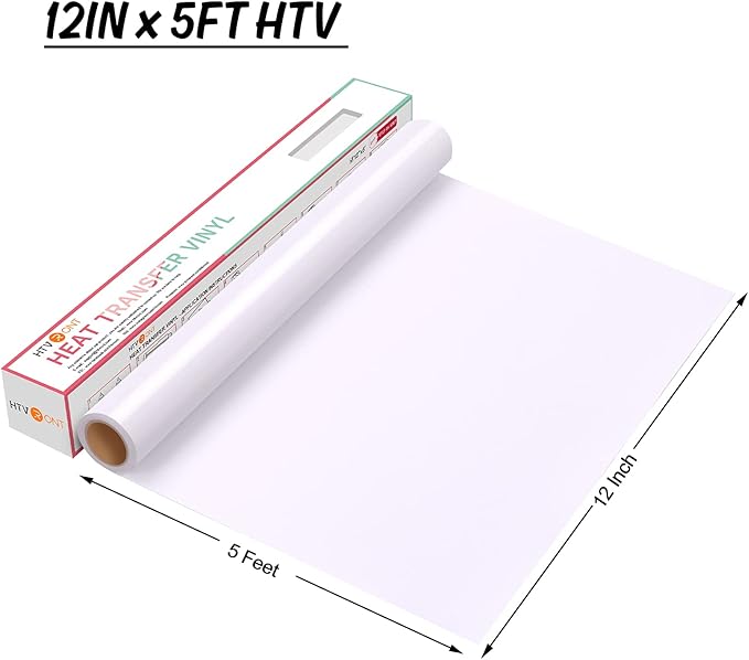 HTVRONT HTV Vinyl Rolls Heat Transfer Vinyl - 12" x 5ft White - Easy to Cut & Weed & Transfer, Great Stickiness, Use Widely, Personalize Gift & Custom Made