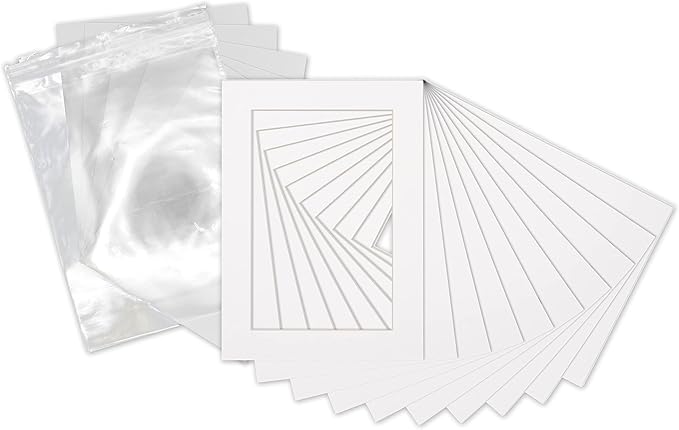 6x8 Mat for 8x10 Frame - Precut Mat Board Acid-Free Show Kit with Backing Board, and Clear Bags White 6x8 Photo Matte Made to Fit a 8x10 Picture Frame Matboard for Framing, Pack of 10 Mats