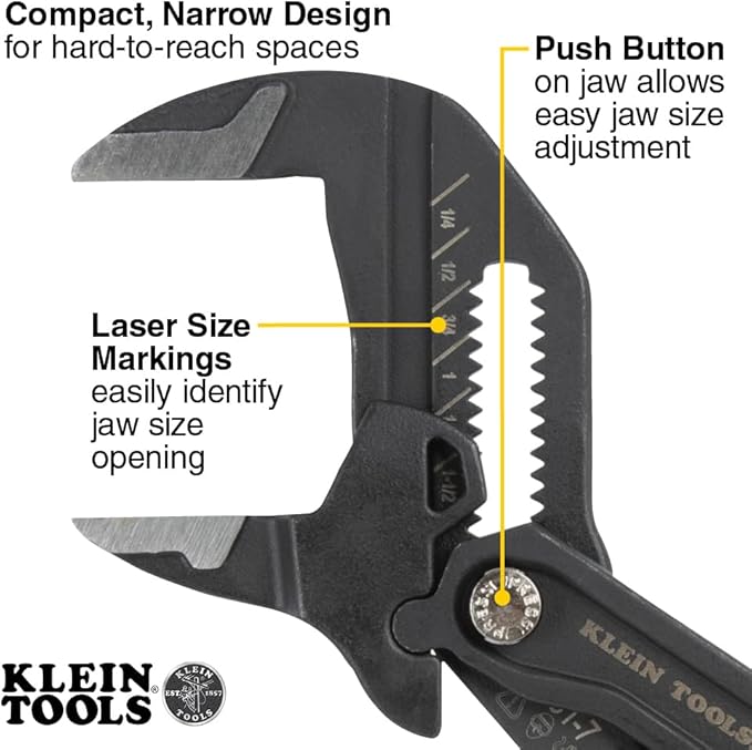 Klein Tools D53112 Compact Plier Wrench, High Leverage Multi-Use Adjustable Plier Wrench with Smooth Jaws, 12-Inch