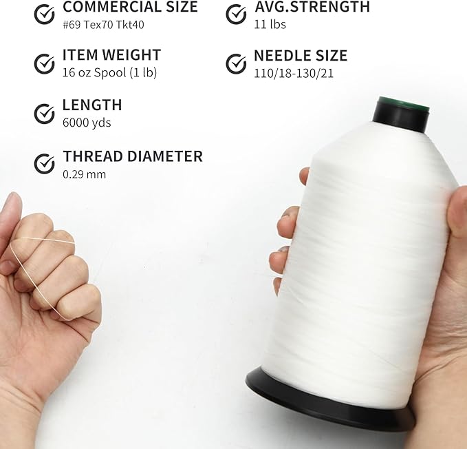 Extra Strong Bonded Nylon Thread #69 Tex70 – 16 OZ, 6000yds, Versatile Stitching Solution for Leather, Upholstery, Canvas Repair and More (White)