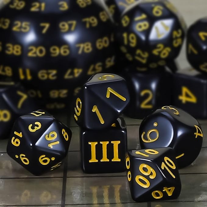 CiaraQ DND Polyhedral Dice Set (15pcs) D4-D100 Game Dice with Dice Bag for Dungeons and Dragons Role Playing Table Games (Black & Yellow)