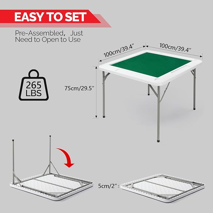 PEXMOR 39.5" Foldable Mahjong Table, Square 4 Player Card Game Table w/Cup Holders & Chip Grooves, Portable Folding Poker Domino Board Game Table for Blackjack, Texas Hold'em, Jigsaw Puzzles Game
