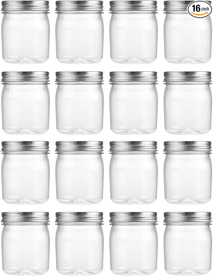 novelinks 8 oz Clear Plastic Jars with Screw-On Lids - BPA-Free Refillable Storage Containers for Slime, Spices, Crafts, Kitchen & Home Organization (16 Pack,Silver)