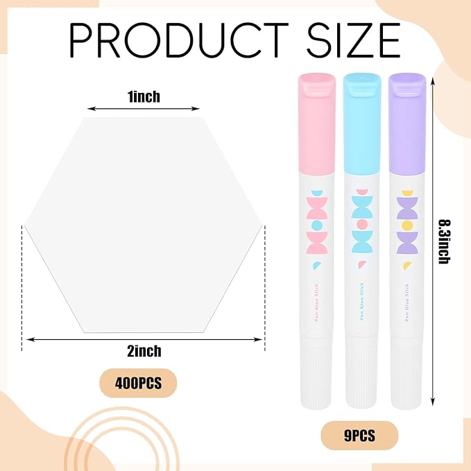 LemonSecret 409 Pcs Paper Piecing for Quilting Fabric Set Include 400 Paper Piecing 1" Hexagon Quilting Templates and 9 Fabric Glue Pen for DIY Patchwork Crafts and Sewing Supplies