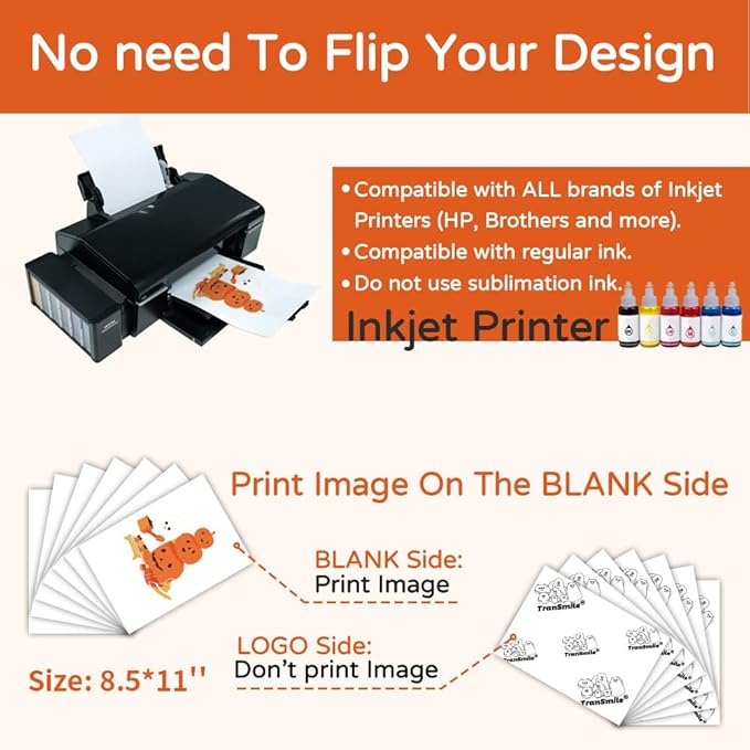 TranSmile PU-Heat Transfer Paper for Inkjet Printer (30 Sheets, 8.5x11", Dark) Iron on Transfers for Dark Fabric, Printable Heat Transfer Vinyl for T Shirts, Vibrant & Washable