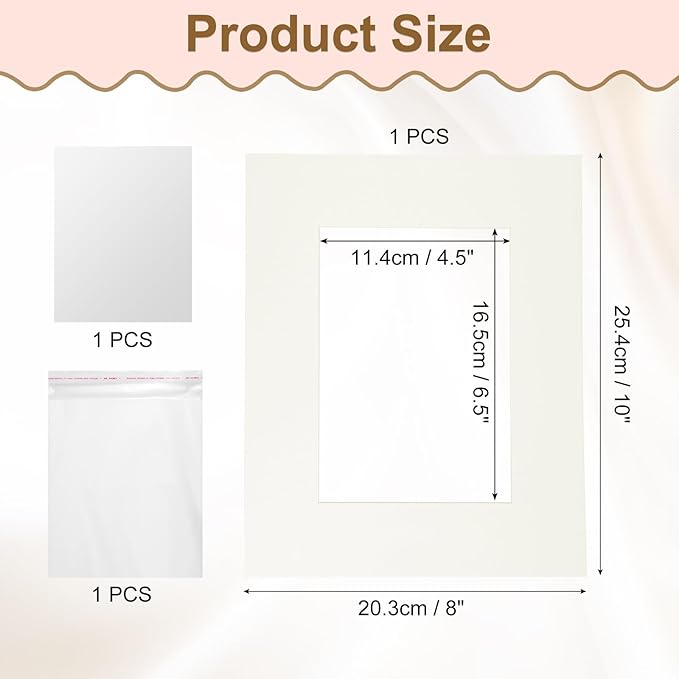 uxcell Picture Mats, 8 x 10 Mat Board Center for 5 x 7 Pictures Acid Free White Core Bevel Cut Frame Mattes with Backing for Display Art Measuring, Cream