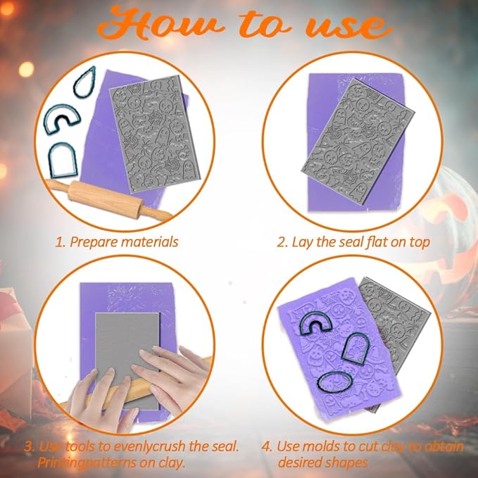 4PCS Halloween Polymer Clay Texture Sheets Set for Using with Clay Cutters, Pumpkins Clay Texture Mats, Jewelry Making DIY Halloween Craft Tools